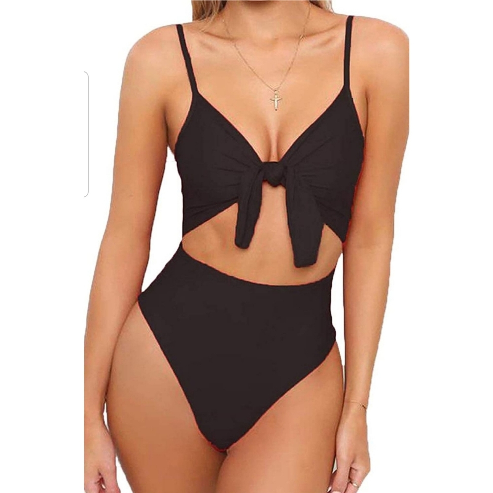 Black bathing suit with cut out bow top